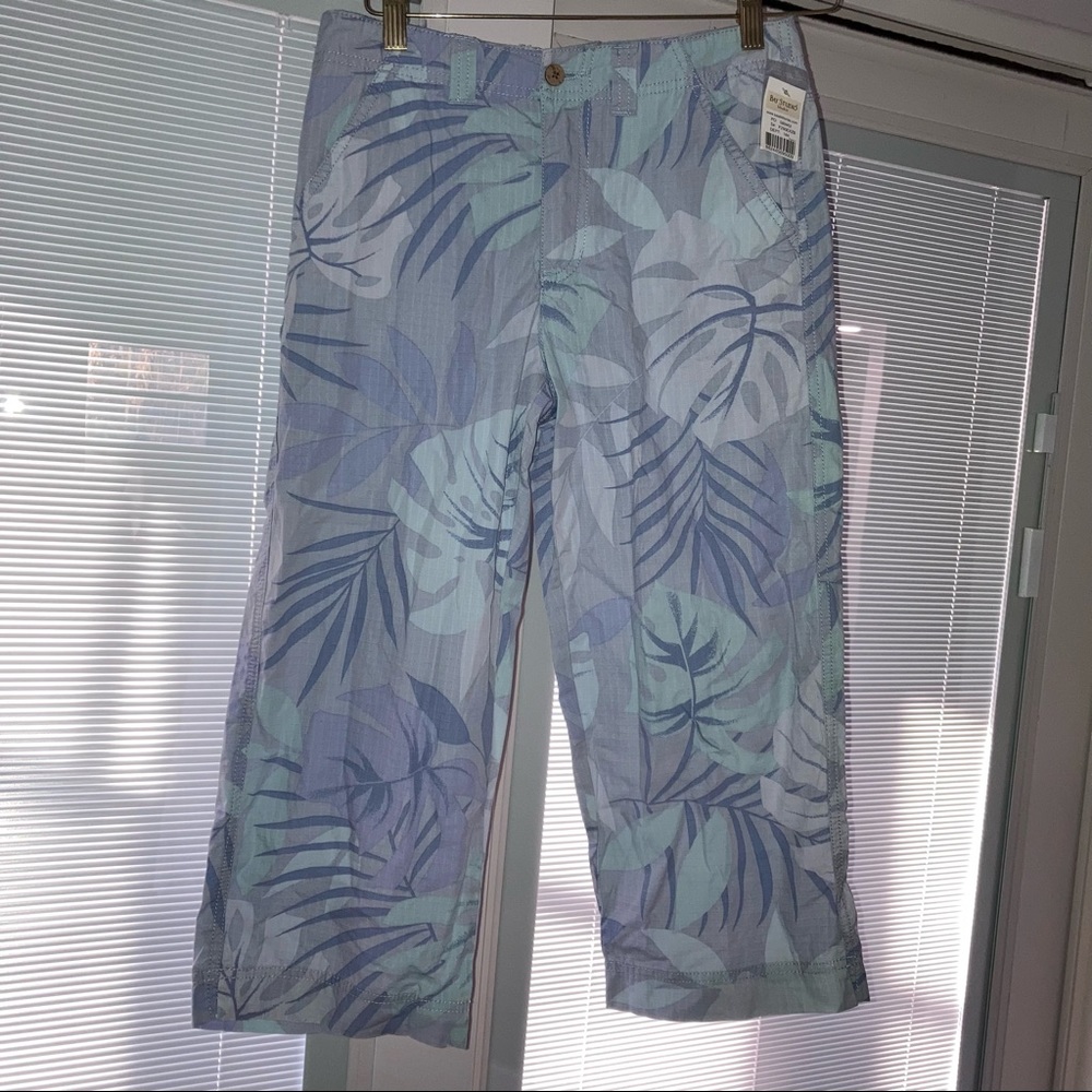 NWT Bay Studio Khakis Blue Tropical Monstera Leaf Capri Pants 4P